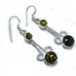 Sterling Silver, Tiger Eye & Citrine Stone Scroll Earrings  - 2"