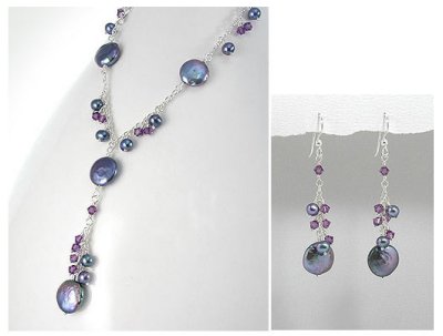 Tahitian Black Pearl, Swarovski & Sterling Silver 925 Necklace & Earrings Set