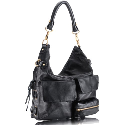 GLORIA Pocketed Hobo Handbag - Black Leather