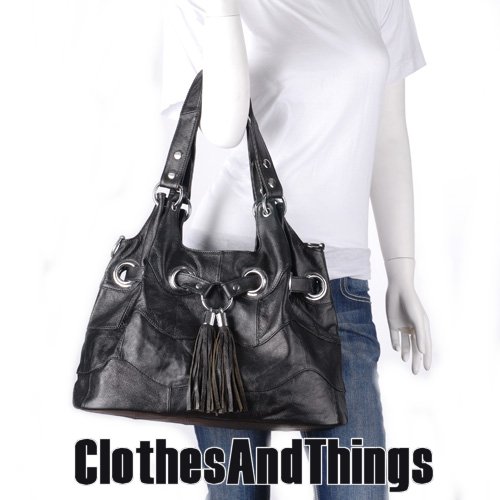 C&T Designer Inspired Grommetted Italian Leather Handbag - Black