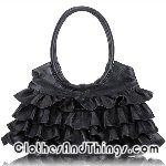 C&T Italian Leather Ruffled Tote Handbag - Black Leather