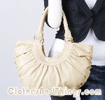 C&T Designer Inspired Italian Leather Ruffled Semi-Circle Tote Handbag - Cream Leather