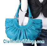 C&T Designer Inspired Italian Leather Ruffled Semi-Circle Tote Handbag - Blue Leather