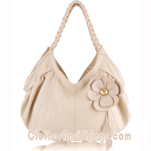 C&T Designer Inspired Italian Leather Feminine Floral Tote Hobo Handbag - Cream Leather