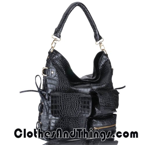 C&T Designer Inspired - Marc Jacobs Inspired - Italian Leather Pocketed Tote Handbag - Crocodile-Embossed Leather