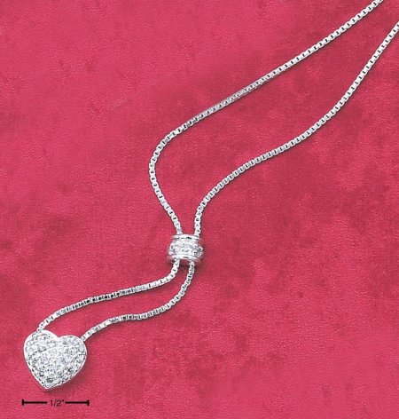 Sterling Silver 925 15" Box Chain Necklace & CZ Dome and Pave Heart Dangle Necklace - 15"