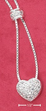 Sterling Silver 925 15" Box Chain Necklace & CZ Dome and Pave Heart Dangle Necklace - 15"