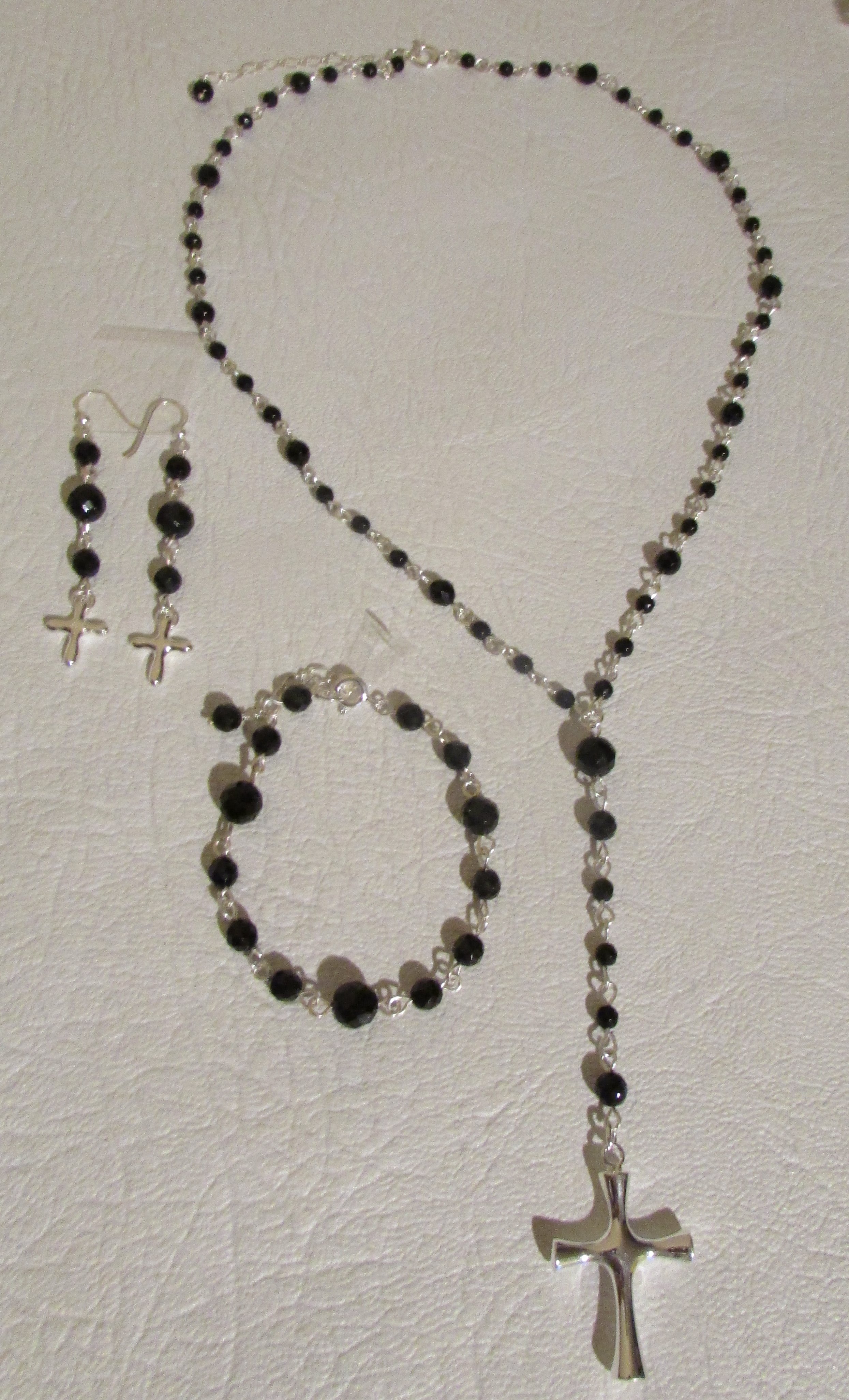 BLACK Onyx & Sterling Silver 925 Cross Pendant Lariat Necklace, Bracelet & Earrings Set